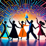 **A vibrant and dynamic dance scene illustrating interdisciplinarity.** The image should depict various figures representing different academic disciplines (e.g., a scientist with a beaker, an artist with a brush, a programmer with code) gracefully waltzing together, symbolizing the harmonious collaboration and unexpected synergy of knowledge. Use bright, contrasting colors to emphasize the creativity and innovation arising from this interdisciplinary "dance."