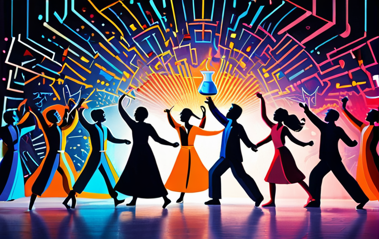 **A vibrant and dynamic dance scene illustrating interdisciplinarity.** The image should depict various figures representing different academic disciplines (e.g., a scientist with a beaker, an artist with a brush, a programmer with code) gracefully waltzing together, symbolizing the harmonious collaboration and unexpected synergy of knowledge. Use bright, contrasting colors to emphasize the creativity and innovation arising from this interdisciplinary "dance."