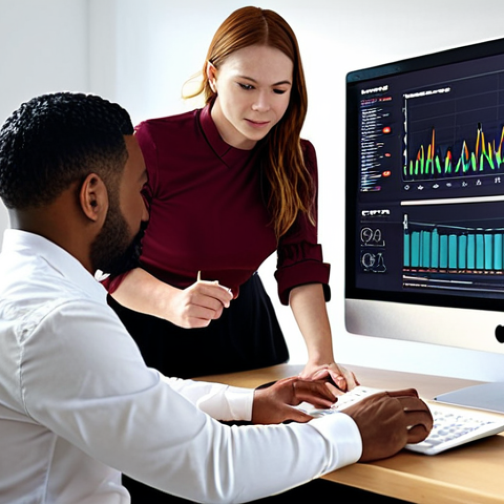 **Diverse team collaborating around a digital dashboard displaying visualized data (graphs, charts) in a bright, modern office. Emphasis on inclusivity and different backgrounds.**