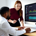 **Diverse team collaborating around a digital dashboard displaying visualized data (graphs, charts) in a bright, modern office. Emphasis on inclusivity and different backgrounds.**