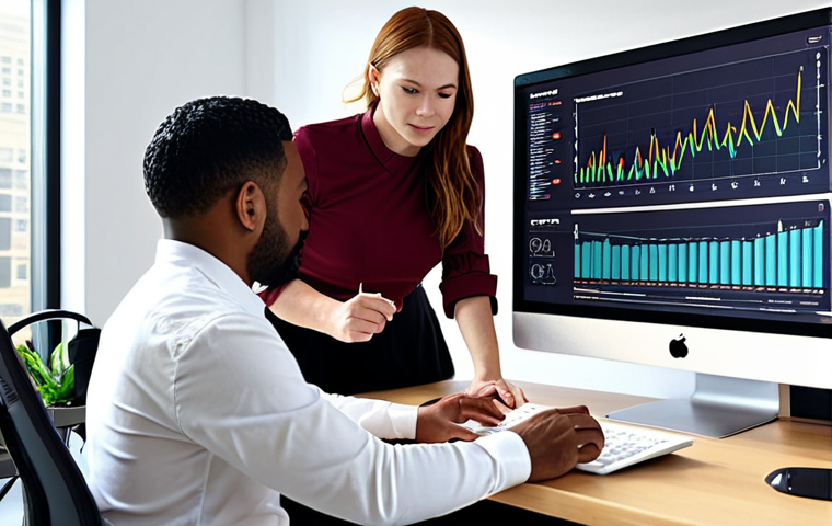 **Diverse team collaborating around a digital dashboard displaying visualized data (graphs, charts) in a bright, modern office. Emphasis on inclusivity and different backgrounds.**