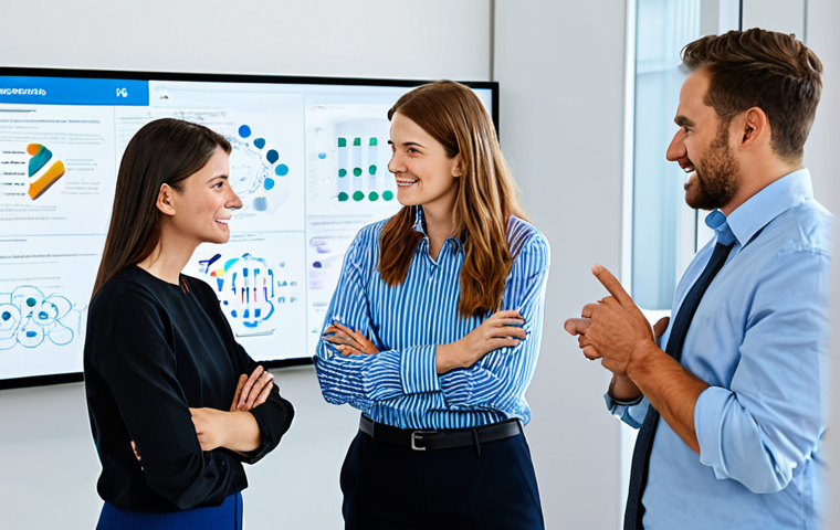 A diverse group of professional researchers, including a scientist, an artist, and a data analyst, are engaged in an active, collaborative brainstorming session in a bright, modern innovation hub. They are standing around a large interactive screen displaying complex diagrams and innovative concepts, with whiteboards filled with ideas in the background. Each individual is fully clothed in modest, professional business attire, demonstrating engagement and synergy through natural, dynamic poses and eye contact. The image should convey a sense of intellectual vibrancy and interdisciplinary cooperation, captured with professional photography quality, soft studio lighting, ultra-detailed realism, perfect anatomy, correct proportions, natural body proportions, well-formed hands, proper finger count, safe for work, and appropriate content.