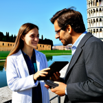 **

"An Italian journalist, fully clothed in professional attire, interviewing a scientist outdoors near the Leaning Tower of Pisa. The scientist is also fully clothed in modest clothing, holding a tablet displaying a clear data visualization. Sunny day, professional setting, appropriate content, safe for work, perfect anatomy, natural proportions, high quality."

**