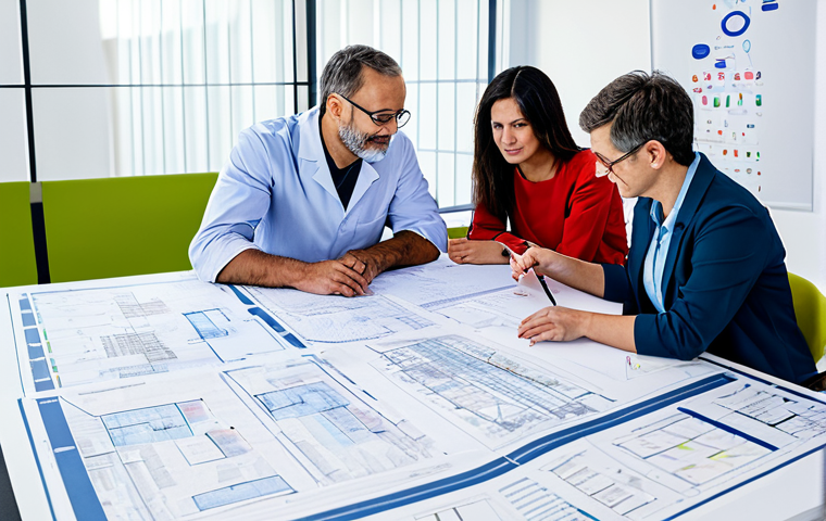 Collaborative Research Team**
"A diverse team of researchers (engineer, doctor, social scientist) collaborating around a table covered in blueprints and data visualizations, fully clothed in professional attire, brainstorming ideas, modern office environment, bright and optimistic lighting, perfect anatomy, correct proportions, natural pose, safe for work, appropriate content, professional, family-friendly, high resolution, detailed textures."
**