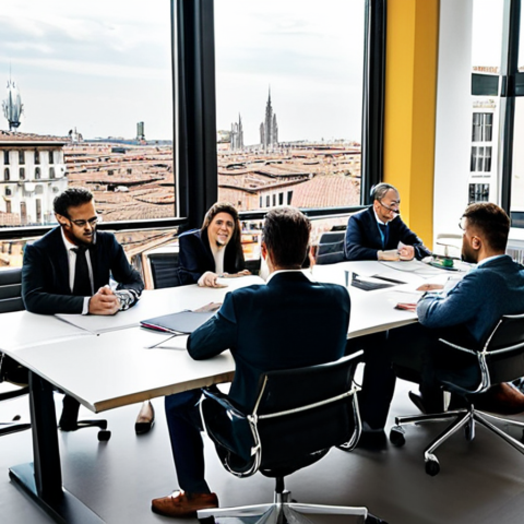 **

"A bustling co-working space in Milan, Italy.  Professionals from diverse fields are collaborating at tables, reviewing documents, and participating in video conferences.  The atmosphere is bright and modern, with large windows overlooking a city scene. Focus on collaboration and communication. Everyone is fully clothed in appropriate professional attire.  Safe for work, appropriate content, professional, perfect anatomy, well-formed hands, natural pose, high quality."

**
