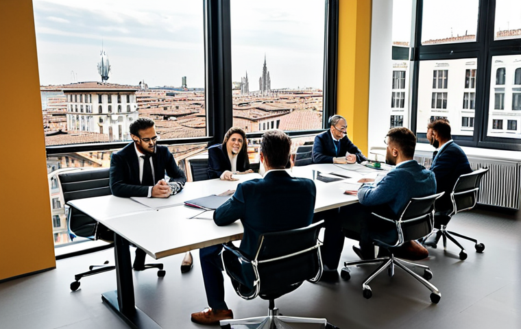 **
"A bustling co-working space in Milan, Italy. Professionals from diverse fields are collaborating at tables, reviewing documents, and participating in video conferences. The atmosphere is bright and modern, with large windows overlooking a city scene. Focus on collaboration and communication. Everyone is fully clothed in appropriate professional attire. Safe for work, appropriate content, professional, perfect anatomy, well-formed hands, natural pose, high quality."
**