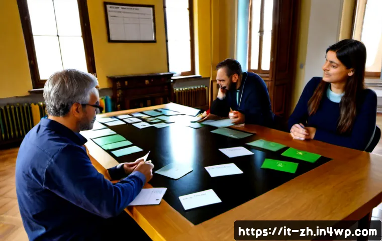 Home 13 간학문적 연구의 성과 목표 설정 - Photorealistic Italian university research team setting shared project goals around a bright oak tab...